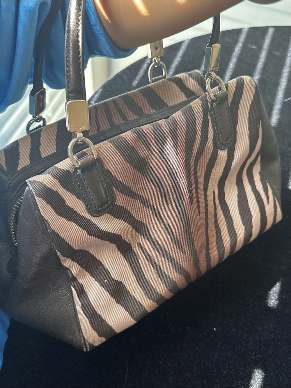 Coach Zebra-Print Canvas Satchel in Brown and Tan